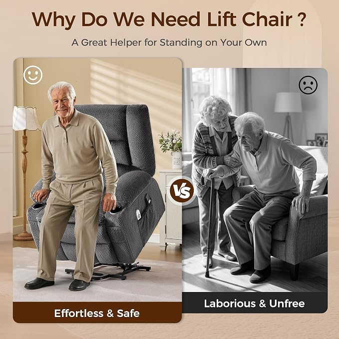 Power Lift Recliner Chair for Elderly, Electric Reclining Lift Chair with Massage and Heating, Comfy Overstuffed Recliner Single Sofa with Cup Holders, Pockets, USB Charge Port for Living Room, Grey