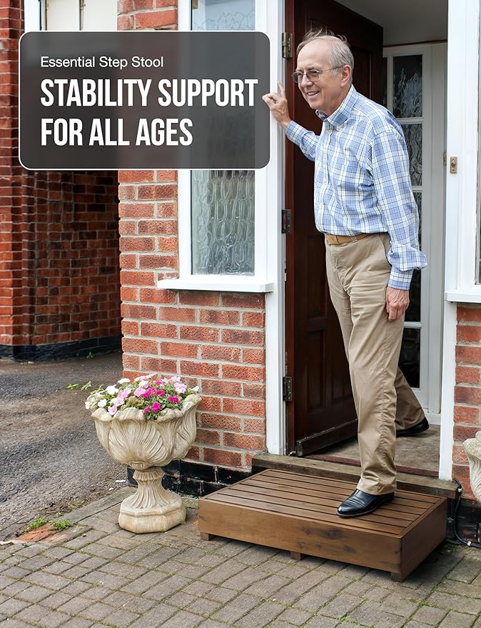 TINAMO 6.5" One Step Stool for Elderly, Walnut Wood High Riser Step Stool for Bed – 550 Lbs Wooden Mobility Stepping Stool for Adults, Kids/Bedside, Bathroom, Kitchen, Garden (Walnut, 6.5" Height)