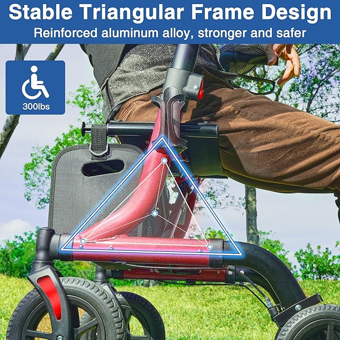 Walkers for Seniors with Seat, Foldable Rollator Walker, Reinforced Aluminum Frame, 10" Big Rubber Wheels for All Terrain, Built-in Cable, Lightweight Rolling Walker, Burgundy