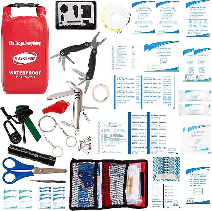 WELL-STRONG Boat First Aid Kit with Survival Tools, 123pcs Waterproof Emergency Marine Kit with Buckles, Compact Boat Safety Accessories for Fishing Kayaking Boating Camping Rafting Beach Red