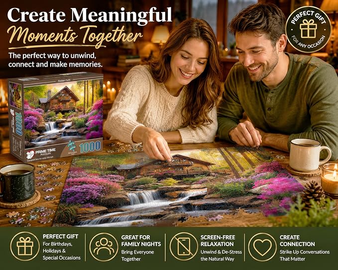 Adult Jigsaw Puzzle Mountain Cabin Waterfall | 1000-piece nature landscape photograph set in a forest. 20x27. Great for game nights on a table, puzzleboard, or floor.