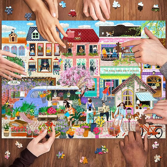 Cottagecore Flower Street Puzzles for Adults 1000 Pieces | 1:1 HD Reference Poster，ABCD Letter Markings on Back,Matte Oil,High Bite Force