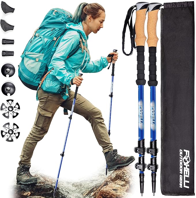 Foxelli Carbon Fiber Trekking Poles – Lightweight Collapsible Hiking Poles with Cork Grips, Quick Flip Locks & All-Terrain Accessories – Adjustable Height Hiking Sticks for Men & Women