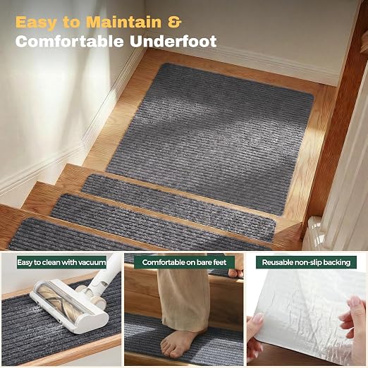 MBIGM Carpet Stair Landing Mat, 1 Pack, 2'6" x 2'6", Grey | Polyester carpet surface with PP mesh, nonwoven cushioning, and TPR adhesive backing for indoor stair coverage.