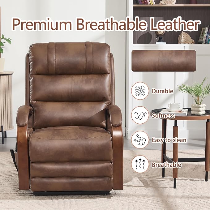 Power Lift Recliner Chair for Elderly People, Dual Motor Lift Chair with Vibration Massage and Heat, Lay Flat Recliner with Solid Wood Armrest, Standing Assistance Reclining, Faux Leather Brown