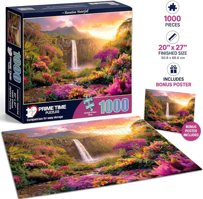 Adult Jigsaw Puzzle Hawaiian Waterfall 1000 Piece | Features a colorful tropical flowers and waterfall sunset scene. Great for game nights on a table, puzzleboard, or floor.