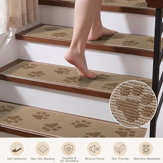 DEXDE Stair Treads for Wooden Steps Non-Slip Stair Runner, 15pcs Beige | Non Slip Backing Carpet Stair Treads Indoor, Soft Washable 30x8 Stair Rugs Self-Adhesive Staircase Rugs for Kids Pets Elders