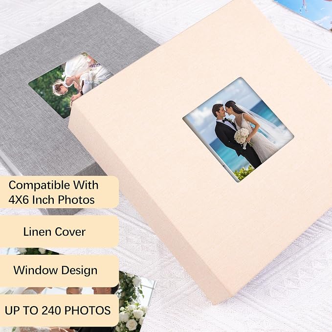 4x6 Photo Album Holds 240 Photos with Writing Space, Linen Cover Picture Book with Front Window for Family Wedding Baby Travel & Graduation Memories, Beige