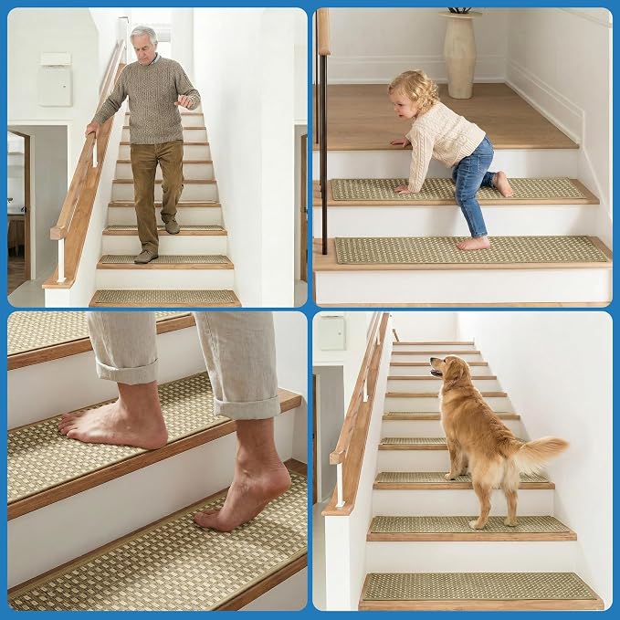 Chenille Stair Treads for Wooden Steps 8"x30" (7 Pack), Ultra Soft Non-Slip Carpet Stair Runners Indoor, Peel and Stick Self-Adhesive Step Rugs for Kids & Dogs, Machine Washable, Beige