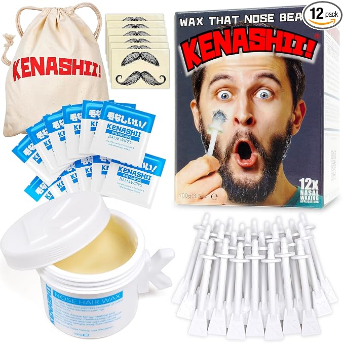 KENASHII Nose Wax Kit | 100 g Wax, 24 Applicators | The Original & Best Nose and Ear Hair Removal Kit from Kenashii | Nasal Waxing For Men and Women | Includes Balm Wipes, Mustache Guards, Storage Bag