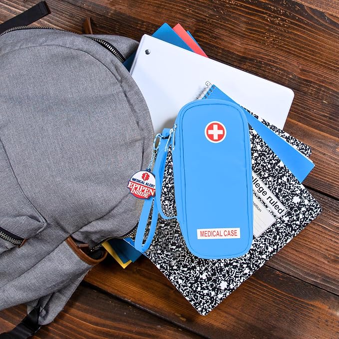 Jayour EpiPen Medical Carrying Case Insulated, Travel Medication Organizer Bag Emergency Medical Pouch, Fits 2 EpiPens, Asthma Inhaler, Anti-Histamine, Auvi-Q, Allergy Medicine Essentials (Blue)