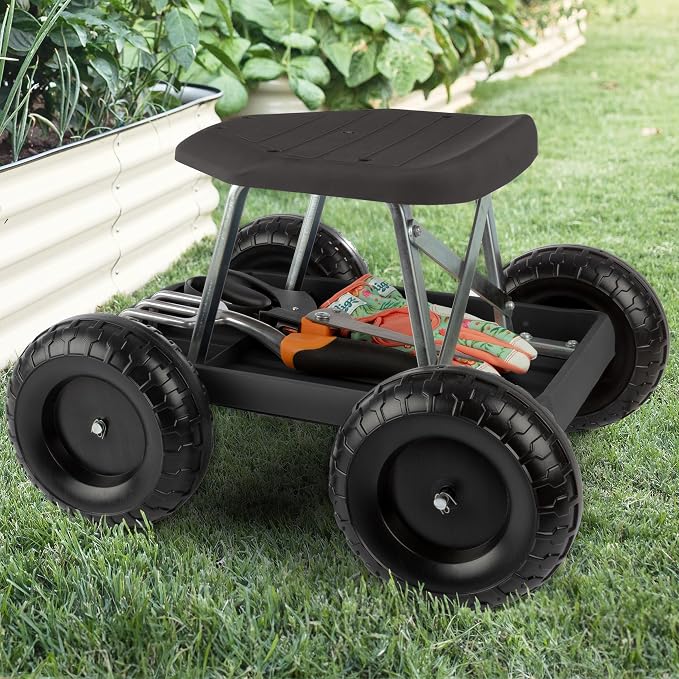 Pure Garden Rolling Garden Seat with Wheels, Black