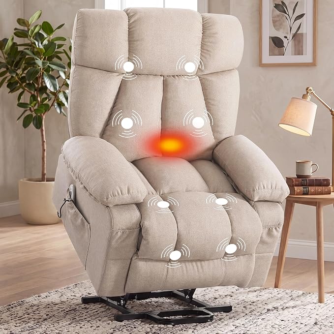 Power Lift Recliner Chair for Elderly, Big and Tall Lift Chair with Massage and Heat for Living Room, Fabric Electric Recliner Chairs with 4 Side Pockets, USB Charge Port,Beige