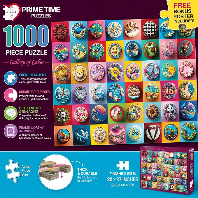 Adult Jigsaw Puzzle 1000 Piece Colorful Cakes | Features a vibrant gallery of unique cakes. 20x27 inches — Great for game nights on a table, puzzleboard, or floor.