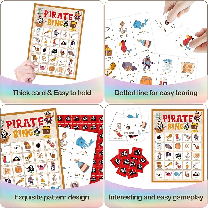 Pirate Party Bingo Card, Pirate Ship Adventures Bingo Game for Adults Family Friends, Pirate Party Favors Decorations, Pirate Bingo Kit for Birthday Party, Holiday Games for 24 Players -06