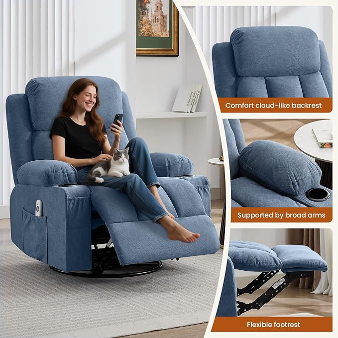MAHOMICO Swivel Rocker Recliner Chair with Vibration Massage and Heat for Living Room,with Rocking Function and Side Pocket, USB Charge Port,2 Cup Holders