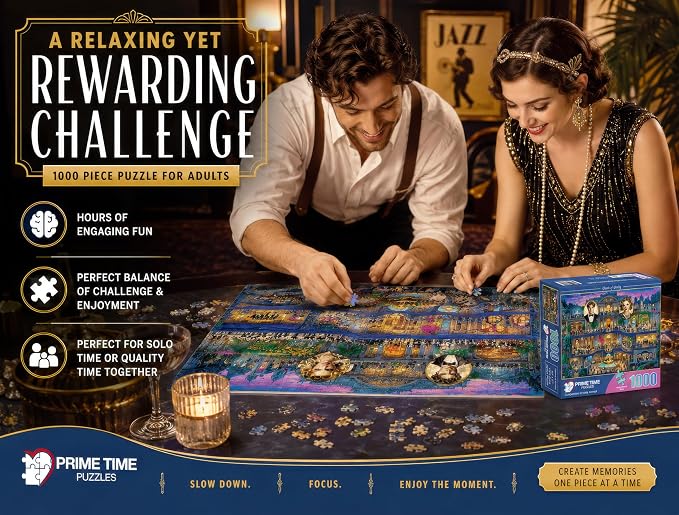 Adult Jigsaw Puzzle Ghosts of Gatsby 1000 Piece | Features a vibrant 1920s Roaring Twenties scene. 20x27 inches. Great for game nights on a table, puzzleboard, or floor.
