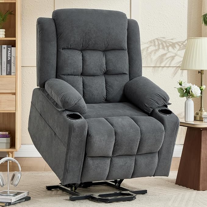 Power Lift Chair Recliners for Elderly with Heat and Massage, Recliner Chairs for Adults, Upgraded Fabric Recliner with USB & Type-C Charge Port, Cup Holders (Grey-O)