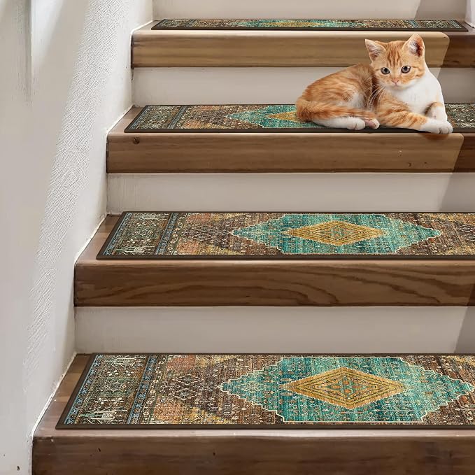 sarben 8"x30" Non Slip Stair Treads for Wooden Steps 15 Pack, Amber Cyan | Peel and Stick Carpet Stair Runner with TPE Adhesive Backing, Carpet for Added Safety, Pet and Senior Friendly