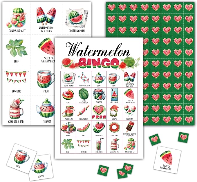 Watermelon Bingo Games - Summer Bingo Card - 24 Players Bingo Game Set for Adult Family Friends - Indoor Outdoor Activities - Fruit Themed Birthday Party Favors Supplies -C08