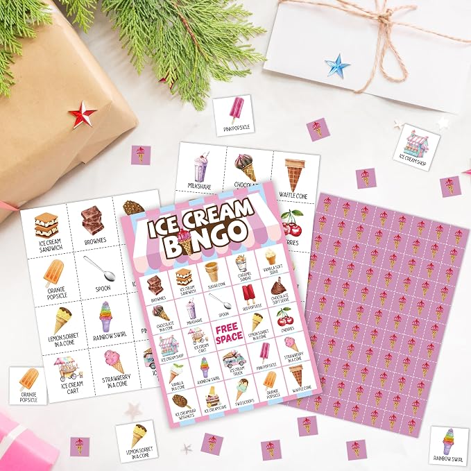 Ice Cream Bingo Card, Sweet Treats Bingo Game for Adults Family Friends, Summer Party Favors Decorations, Ice Cream Game for Birthday Party, Holiday Games for 24 Players -18