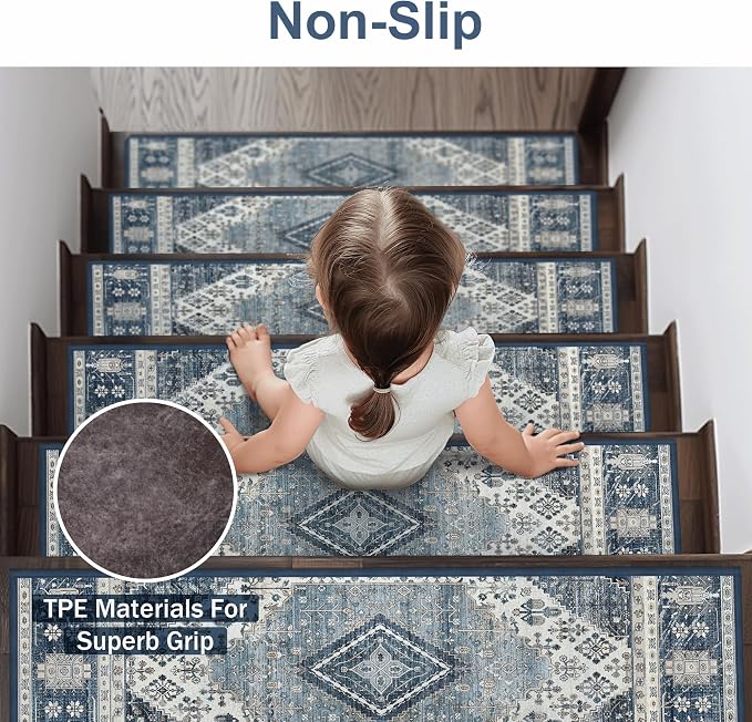 sarben 8"x30" Non Slip Stair Treads for Wooden Steps 15 Pack, Blue Ivory | Peel and Stick Carpet Stair Runner with TPE Adhesive Backing, Carpet for Added Safety, Pet and Senior Friendly