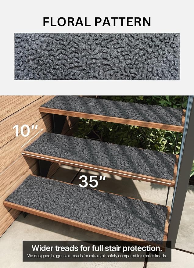 FINEHOUS Outdoor Stair Treads Non-Slip 35”x10” (6-Pack) – Carpet Treads with Rubber Backing Floral Grey