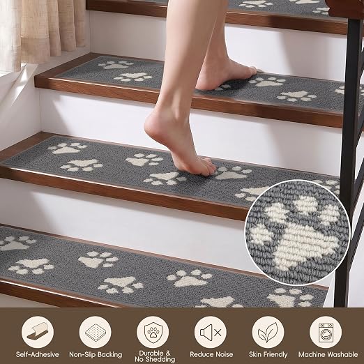 DEXDE Stair Treads for Wooden Steps Non-Slip 4pcs, 30"x8" Grey | Carpet Stair Treads Non Slip Backing Indoor, Soft Washable Stair Runners Self-Adhesive Staircase Rugs for Kids Pets Elders