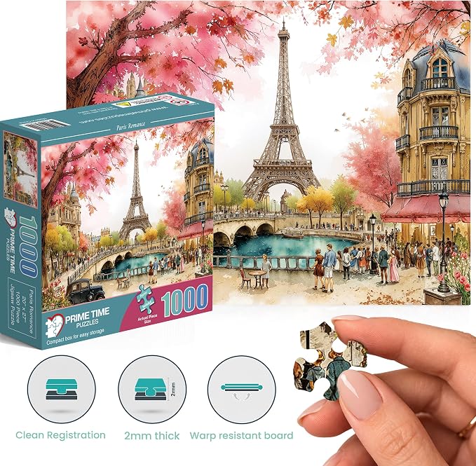 Adult Jigsaw Puzzle 1000 Piece Paris Romance | Features a whimsical Eiffel Tower spring scene. 20x27 inches. Great for game nights on a table, puzzleboard, or floor.
