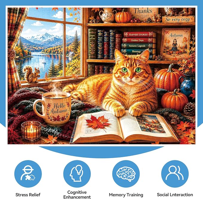 300 Piece Jigsaw Puzzle for Kids & Adults – Cozy Cat Reading Room Scene with Open Book, Vintage Library, Autumn Window View & Warm Home Decor, Family Puzzle Gift for Boys Girls Ages 8+, 20.5 x 15 in