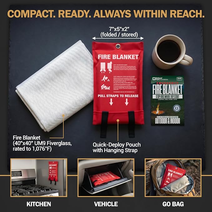 Emergency Fire Blanket, 40x40 UM9 Fiberglass, Rated to 1076°F, Smothers Kitchen, Home, RV & Camping Fires, Fire Suppression Blanket, National Park Foundation Partner - Fiberglass 2-Pack