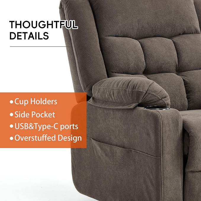 Ketaiyou Electric Power Lift Recliner Chair Sofa with Massage and Heat for Elderly, USB and Type-C Ports, Cup Holders, Infinite Position (Brown1, Regular)