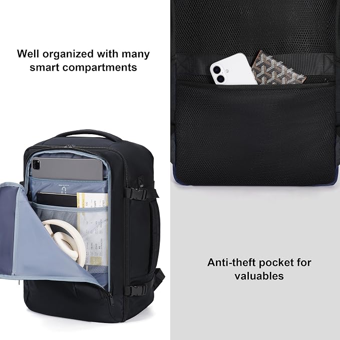 ECOHUB 35L TSA Friendly Travel Laptop Backpack for Men and Women, Large Carry-On Business Backpack with 17.3 In Laptop Compartment, Waterproof Oxford Fabric, Anti-Theft Pocket, Multiple Pockets, Black