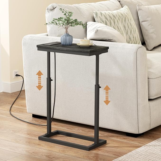 TUTOTAK End Table with Charging Station, Side Table, Tall Couch Table | Sofa Table, for living Room, Bedroom, Grey TB01BY084