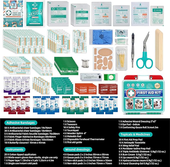 SuccorWare 225 Pieces First Aid Kit, Includes Ice Pack, Adhesive Bandages, Wound Gauze Pads, Portable First Aid Bag for Home, Car, Business, Travel, Outdoor Emergency Medical Kits