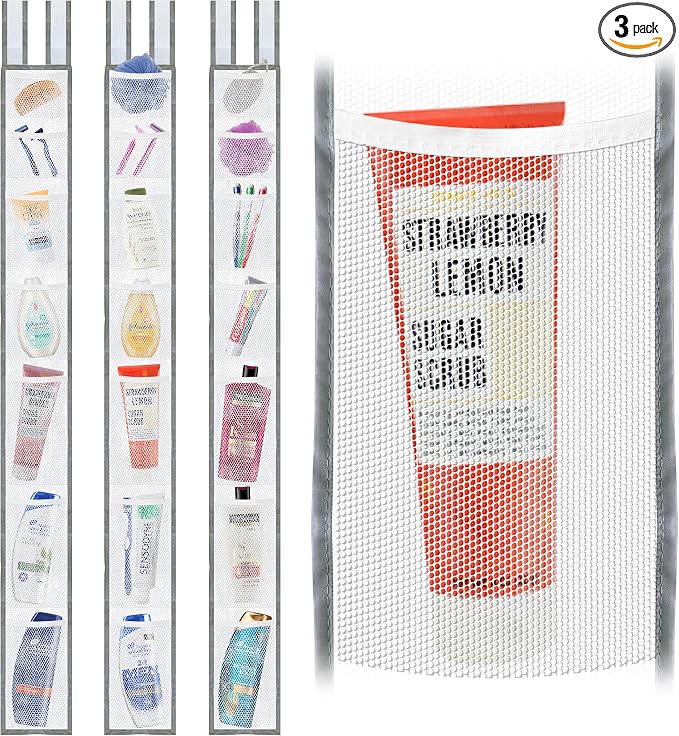 Skywin 7 Pockets Hanging Shower Curtain Liner Caddy 60 x 6 Inches (2 Pack) - 100% Polyester Mesh Shower Caddy Hanging - Shower Organizer for Shower Rod or Door with Adjustable Velcro Strap