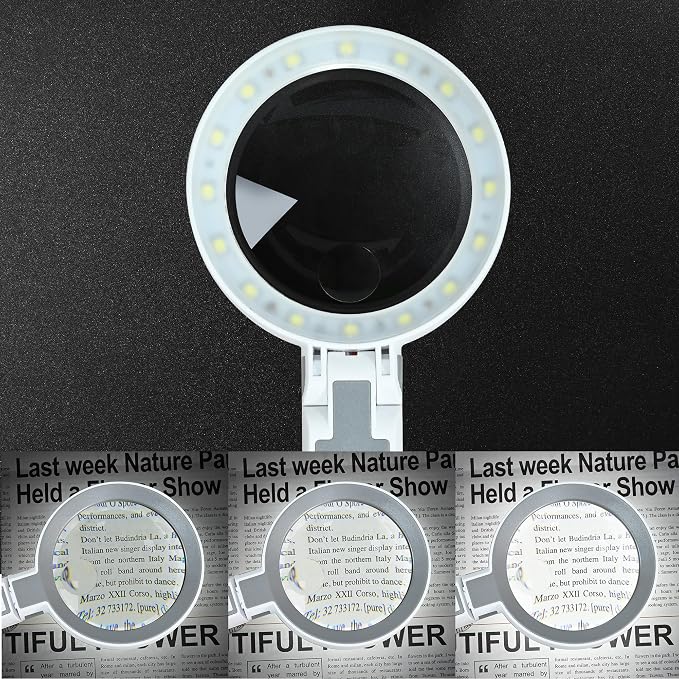 6X Rechargeable Magnifying Glass with 16 LED Light, Foldable Handheld Stand, Lightweight LED Magnifier for Reading Books/Newspaper/Small Print, Gifts for Mom Dad Grandma Grandpa Seniors