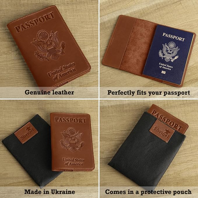 US Leather Passport Book Cover - Thin American Travel Passport Holder - Premium International USA Passport Protector Case for Women Men (Light Brown Vintage)