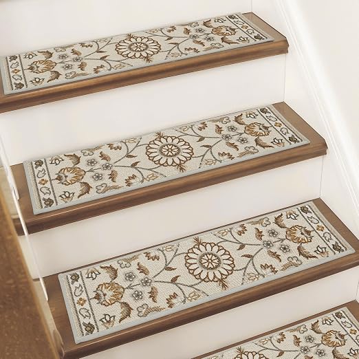 BEQHAUSE Stair Treads for Wooden Steps, 8"X30", 4pcs, Brown/Grey | Non-Slip Machine Washable Carpet Stair Treads, TPE Backing, 100% Polyester, Soft Indoor Stair Runner for Kids Elders and Pets