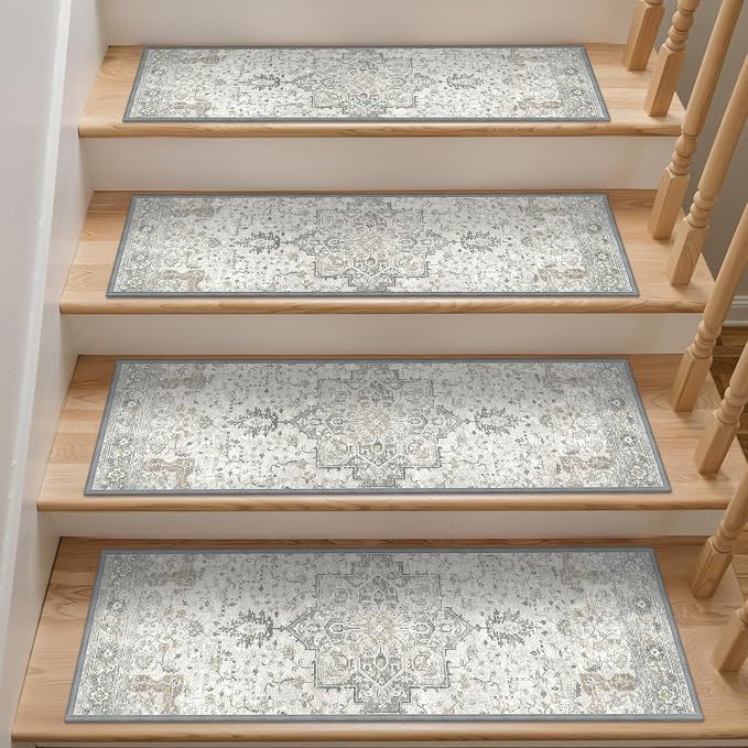sarben 9"x28" Non Slip Stair Treads for Wooden Steps 15 Pack, Taupe | Peel and Stick Carpet Stair Runner with TPE Adhesive Backing, Carpet for Added Safety, Pet and Senior Friendly