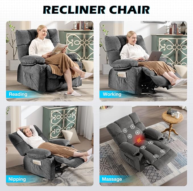 MAHOMICO Oversized Recliner Chair with Massage and Heat, 360° Swivel Rocker | Fabric swivel rocker recliner with ergonomic support, USB charging, cup holders and side pocket for living room