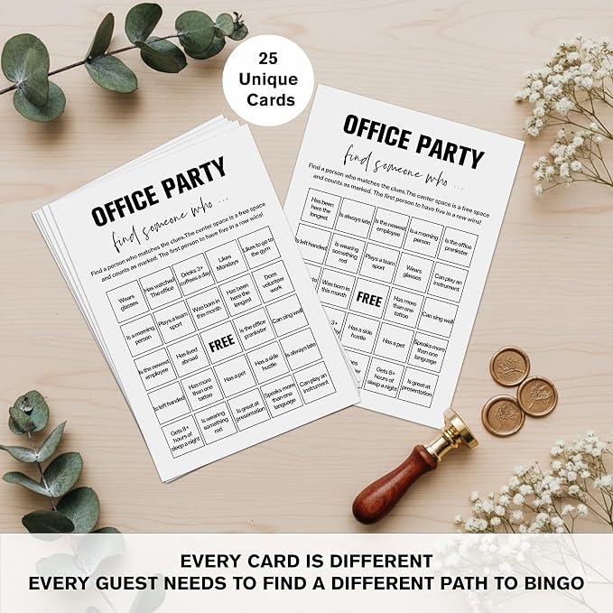 Find Someone Who Bingo Cards, 25 Unique Randomized 5x7 Sheets, Get to Know You Bingo Game for Adults, Ice Breaker Office Party Games, Team Building Games for Work, High Replay Value - B005