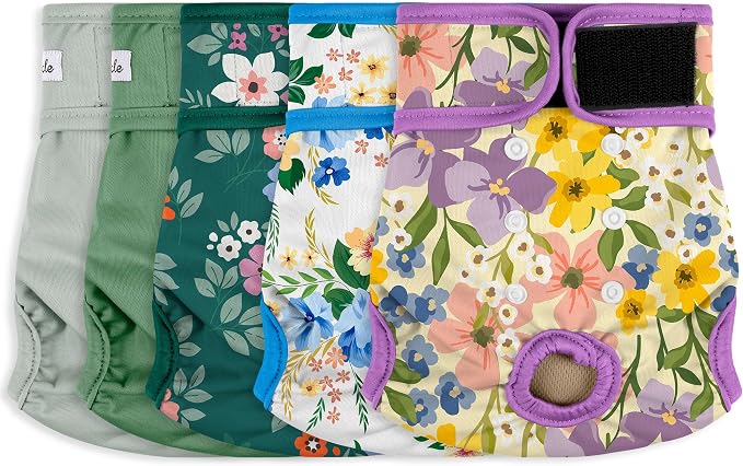Washable Female Dog Diapers (5 Pack) - Doggie Reusable Small Medium Large Dog Diapers for Doggy Puppy Female in Period - Highly Absorbent Dog Heat Panties,S Plus,Green