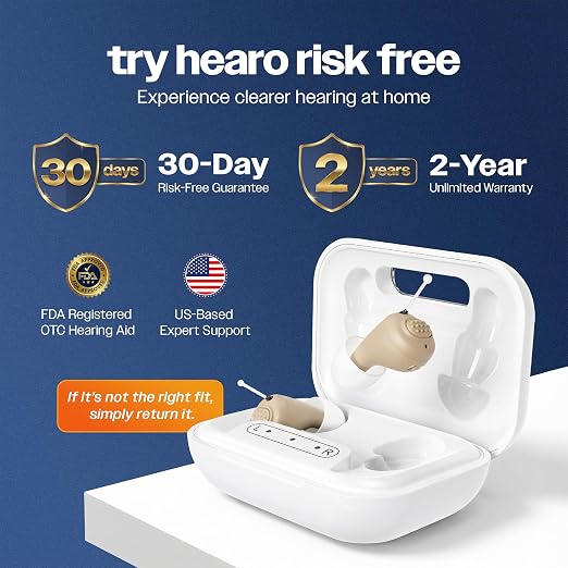 HEARO OTC Hearing Aids Rechargeable - Small CIC Invisible In-Ear Hearing Aid for Seniors & Adults | Mild to Moderate Hearing Loss | Amplified Sound Clarity | No Prescription Required (Pair)