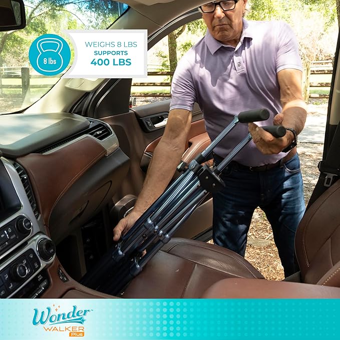 Stander Wonder Walker Plus, Lightweight Folding Mobility Aid for Adults, Seniors, and Elderly, Collapsible Travel EZ Fold-N-Go with Wheels, Glides, & Basket, Regal Rose