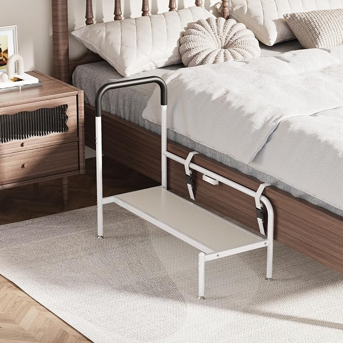 Bed Step Stool for Adults, Bedside Steps for Elderly Seniors with Non-Slip Handle & LED Light, Stable Assist Rail for High Beds with Storage Bag