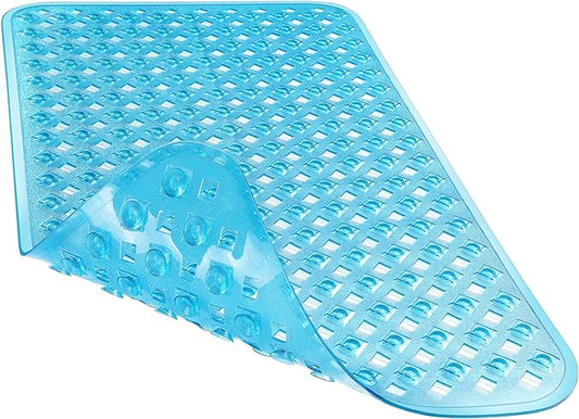 Yimobra Bathtub Mat Non Slip, Super Strong Suction Cups, 27.5"x15.5" Long Shower Mat with Drain Holes, Machine Washable Fast Draining Bath Mats, Bathroom Essentials,Clear Blue