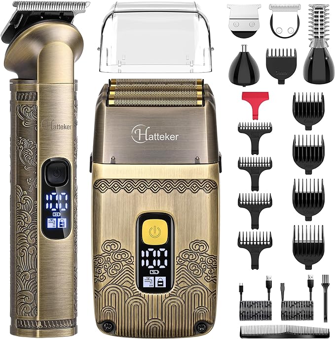 Hatteker Men Waterproof Cordless Beard Trimmer Clipper & Foil Shaver All-in-One Kit