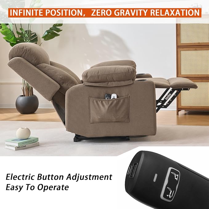 Ketaiyou Electric Power Lift Recliner Chair Sofa with Massage and Heat for Elderly, USB and Type-C Ports, Cup Holders, Infinite Position (Coffee 2, Regular)
