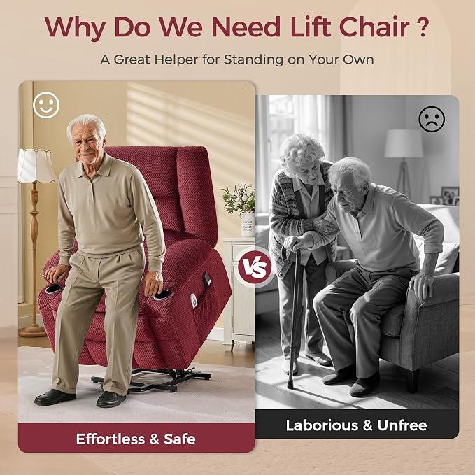 Power Lift Recliner Chair for Elderly, Electric Reclining Lift Chair with Massage and Heating, Comfy Overstuffed Recliner Single Sofa with Cup Holders,Pockets,USB Charge Port for Living Room,Burgundy